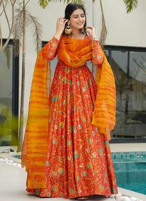 Orange  floral print art silk anarkali suit 1