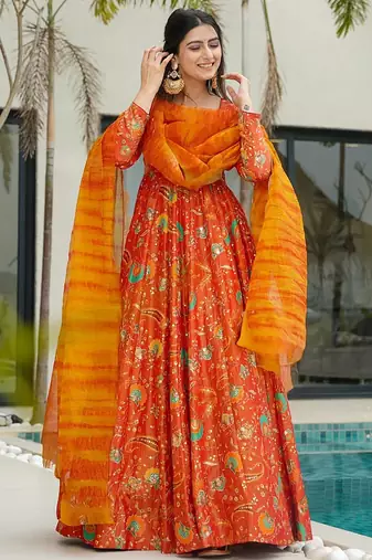 Orange  floral print art silk anarkali suit