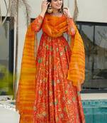 Orange  floral print art silk anarkali suit