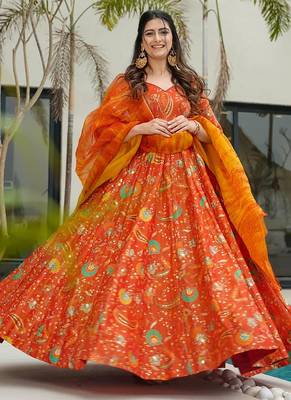 Orange  floral print art silk anarkali suit 2