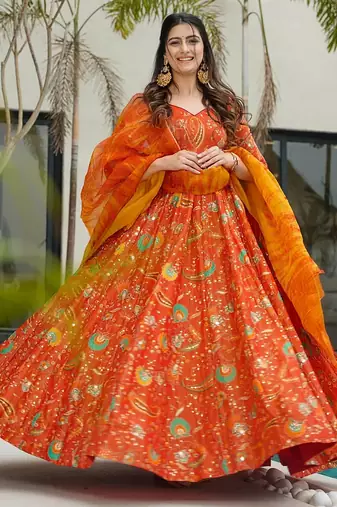 Orange  floral print art silk anarkali suit