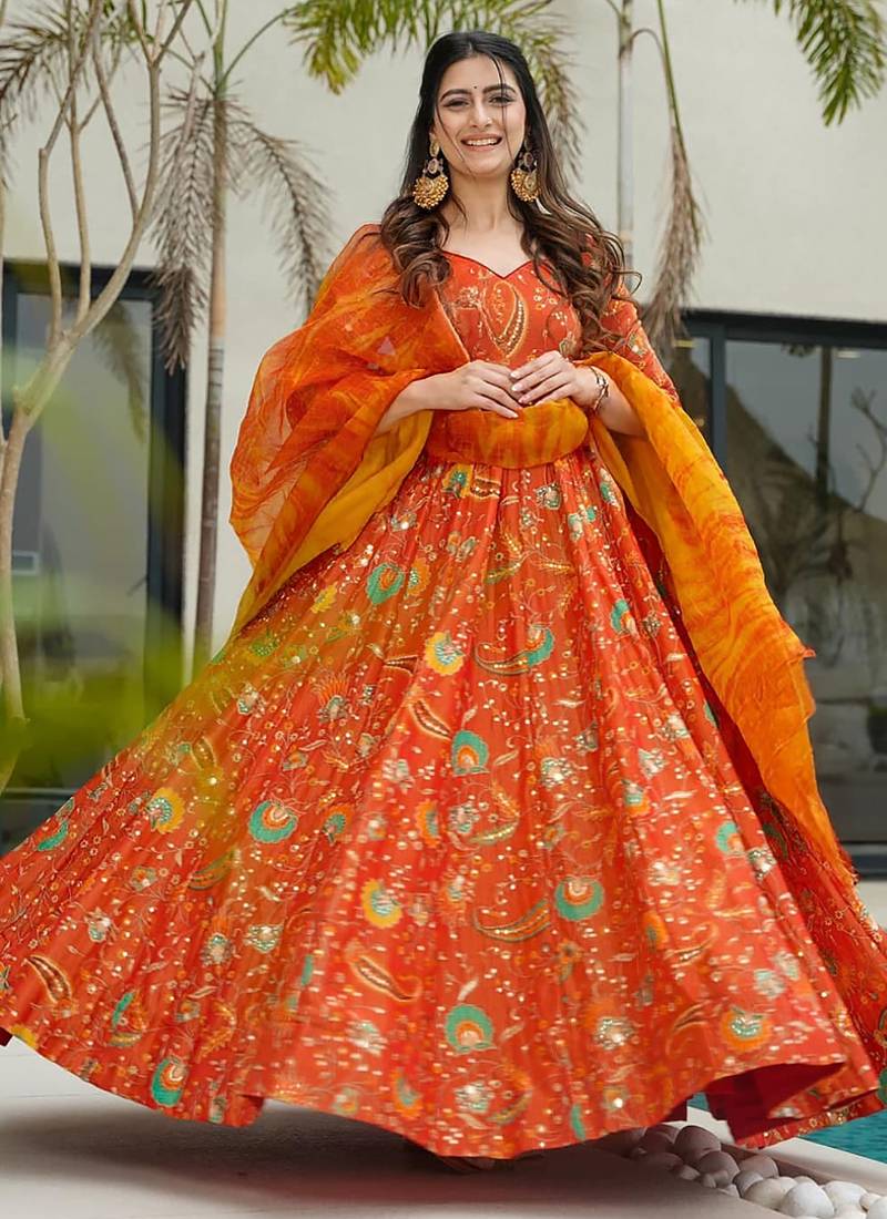 Orange  floral print art silk anarkali suit