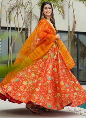 Orange  floral print art silk anarkali suit 3