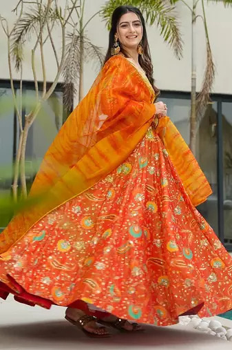 Orange  floral print art silk anarkali suit