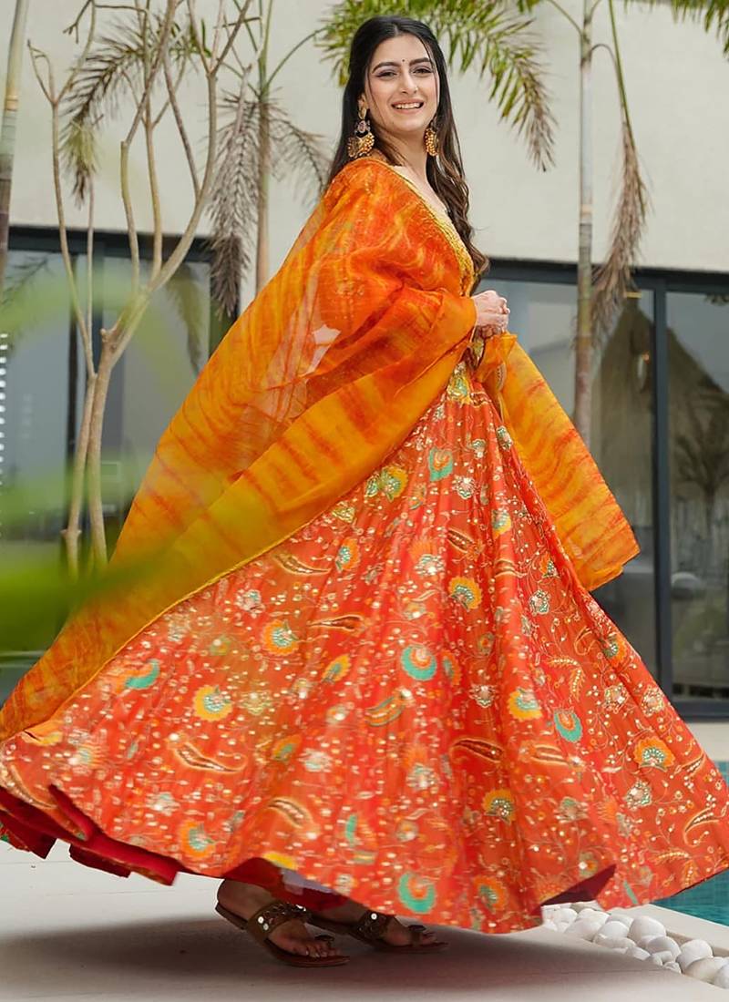 Orange  floral print art silk anarkali suit