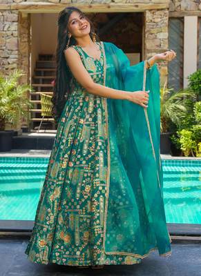 Green  floral print art silk anarkali suit 1