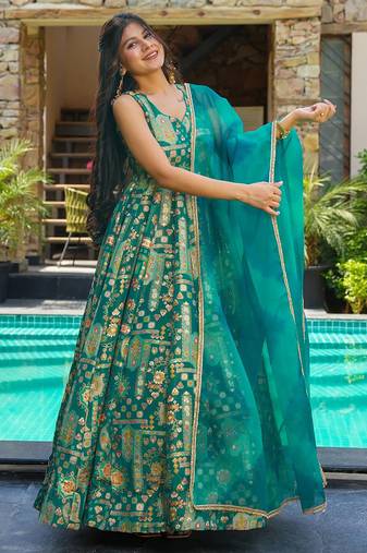 Green  floral print art silk anarkali suit