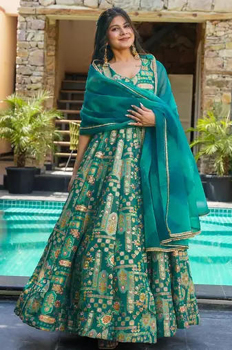 Green  floral print art silk anarkali suit