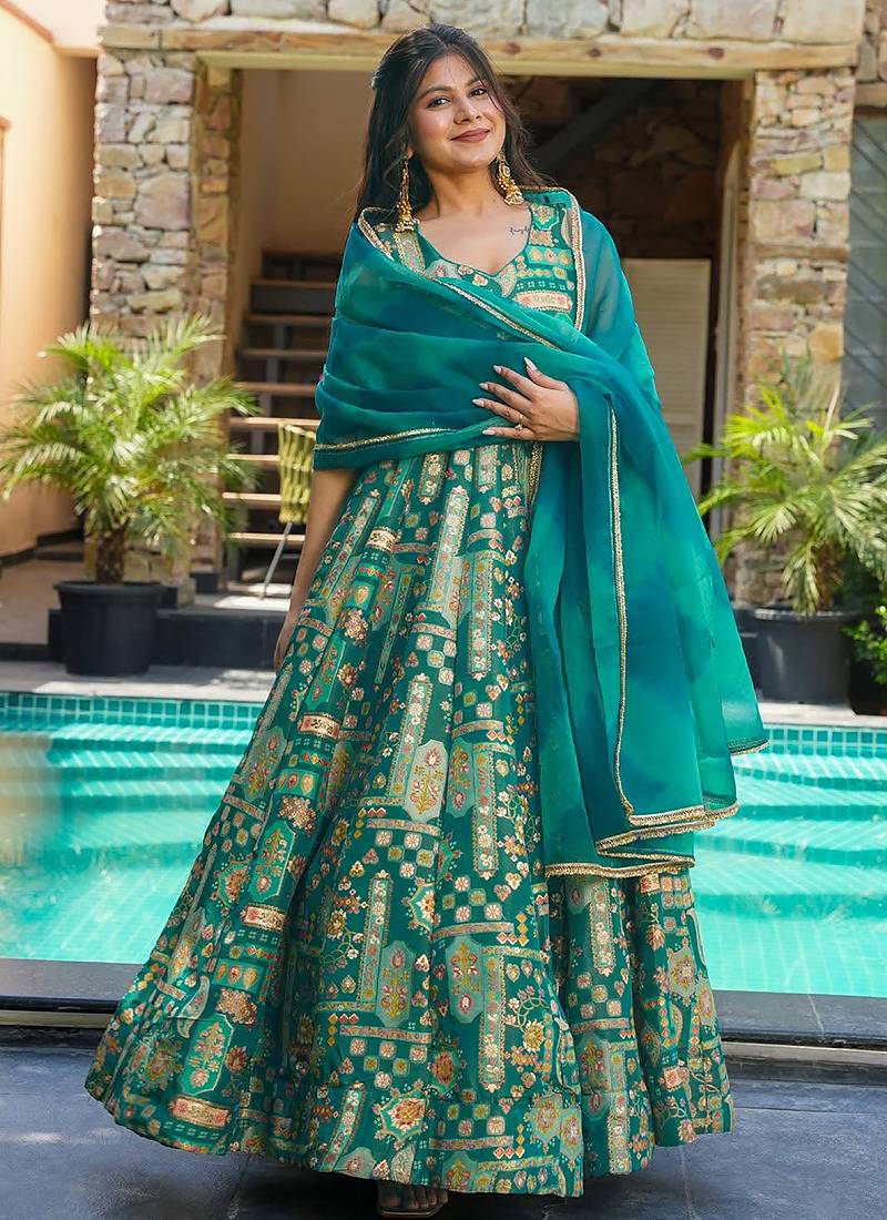 Green  floral print art silk anarkali suit