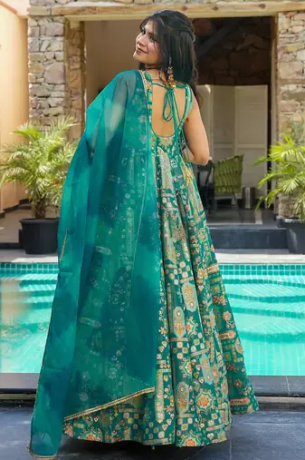 Green  floral print art silk anarkali suit