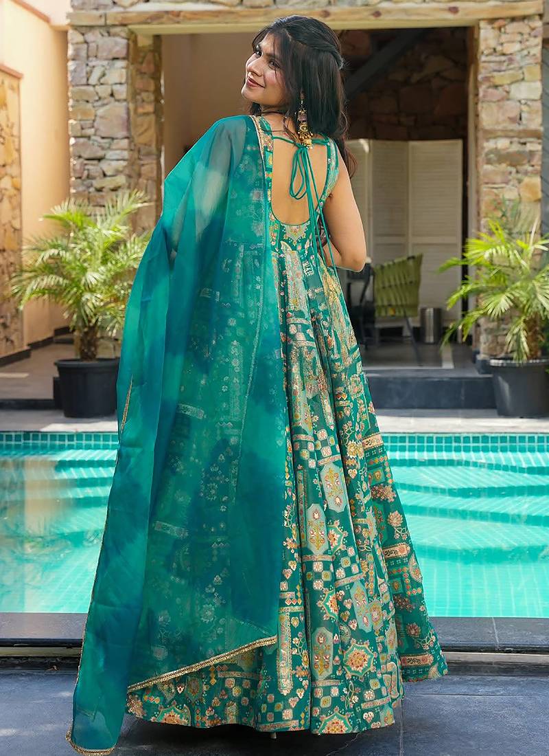Green  floral print art silk anarkali suit