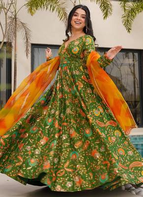 Green floral print art silk anarkali suit 1