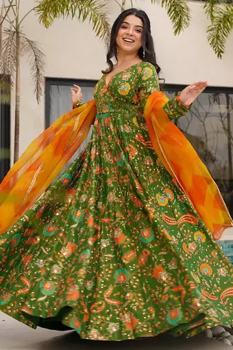 Green floral print art silk anarkali suit