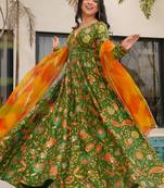 Green floral print art silk anarkali suit