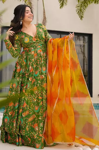 Green floral print art silk anarkali suit