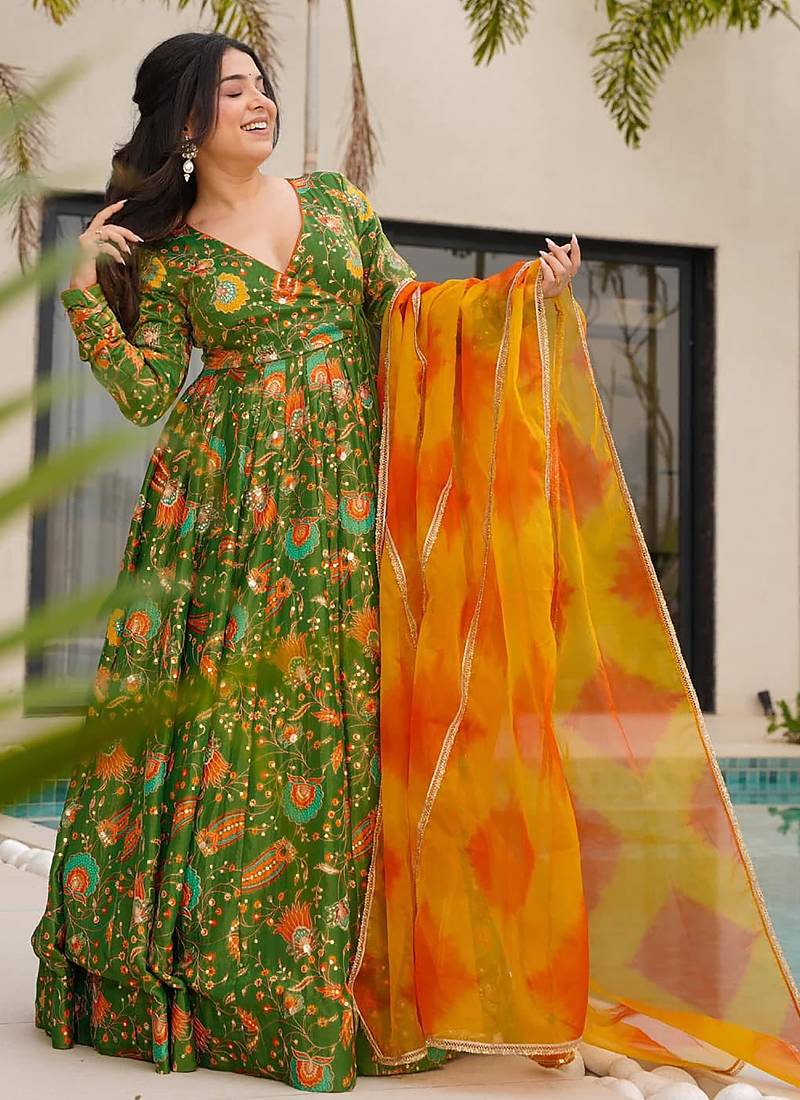 Green floral print art silk anarkali suit