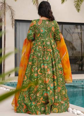 Green floral print art silk anarkali suit 3