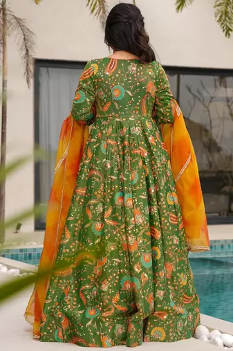 Green floral print art silk anarkali suit