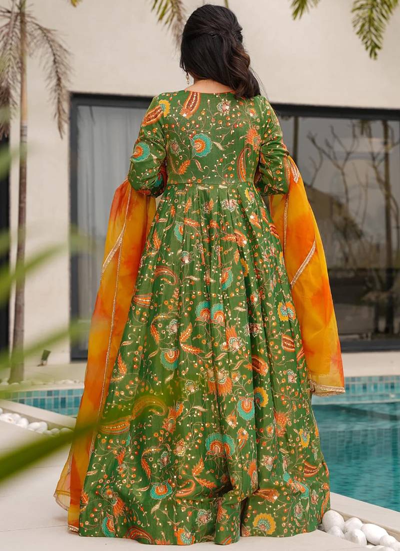 Green floral print art silk anarkali suit