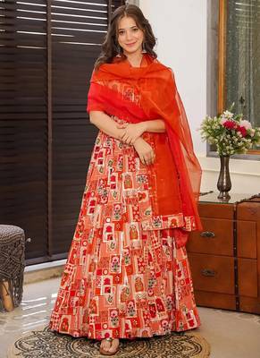 Red  floral print art silk anarkali suit 1