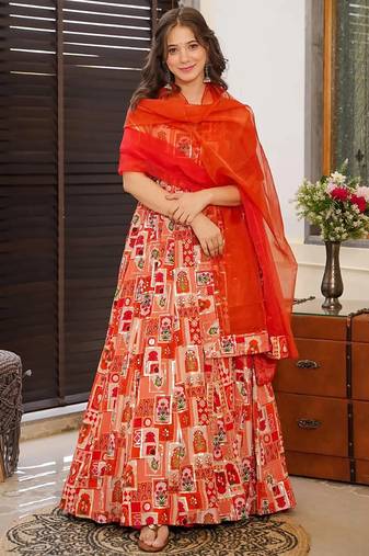 Red  floral print art silk anarkali suit