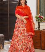 Red  floral print art silk anarkali suit