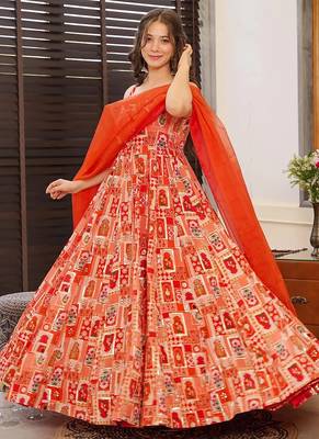 Red  floral print art silk anarkali suit 2