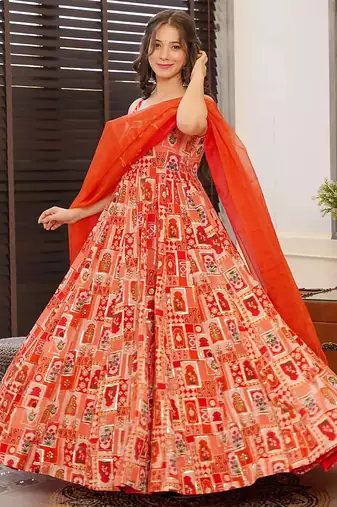 Red  floral print art silk anarkali suit