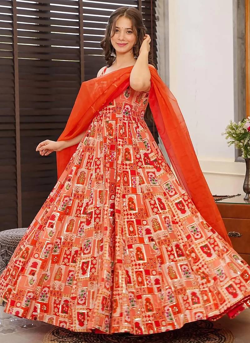 Red  floral print art silk anarkali suit