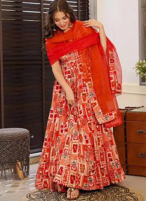 Red  floral print art silk anarkali suit 3