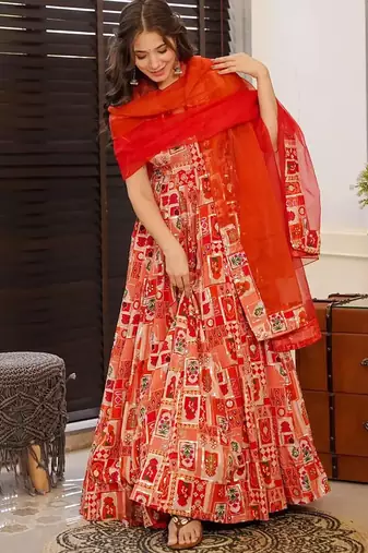 Red  floral print art silk anarkali suit