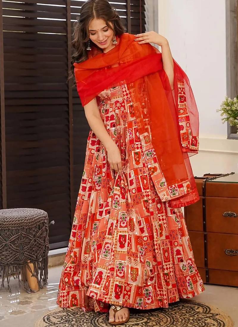Red  floral print art silk anarkali suit