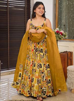 Yellow  floral print silk anarkali suit 1