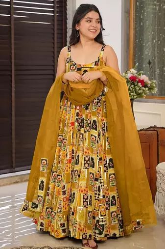 Yellow  floral print silk anarkali suit