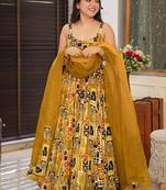 Yellow  floral print silk anarkali suit