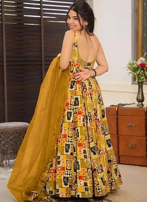 Yellow  floral print silk anarkali suit 3