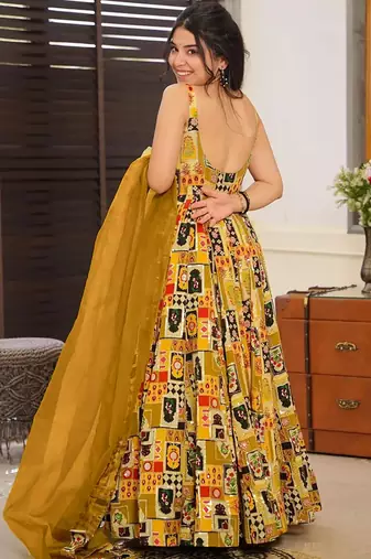 Yellow  floral print silk anarkali suit