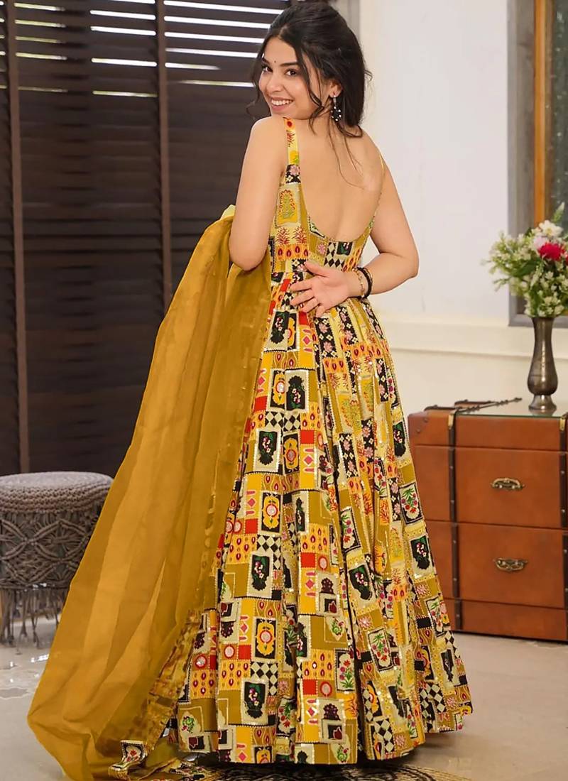 Yellow  floral print silk anarkali suit