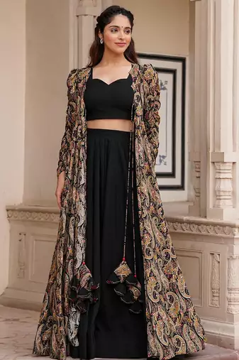 Black faux georgette koti style indo western  suit