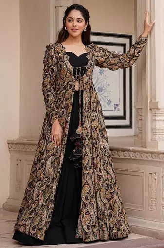 Black faux georgette koti style indo western  suit