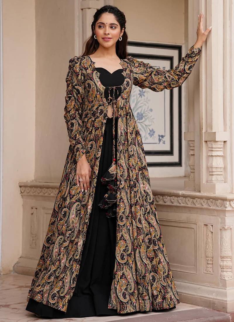 Black faux georgette koti style indo western  suit