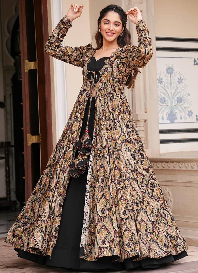 Black faux georgette koti style indo western  suit