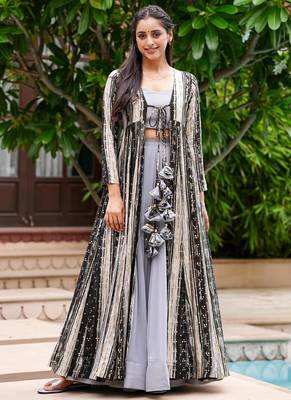 Light grey faux georgette koti style western suit 1