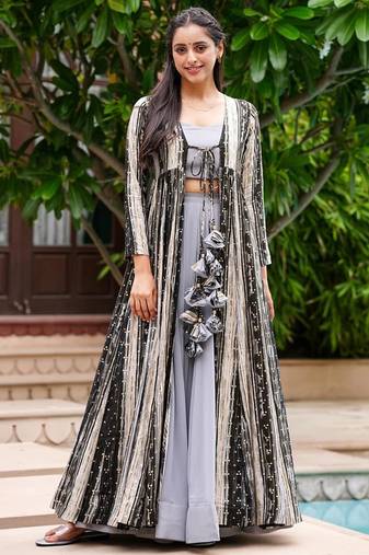 Light grey faux georgette koti style western suit