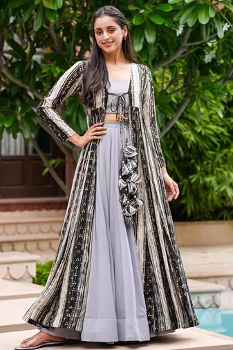 Light grey faux georgette koti style western suit