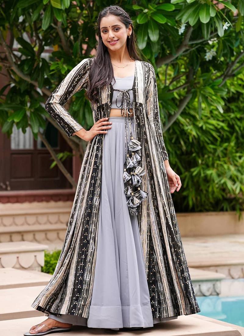 Light grey faux georgette koti style western suit