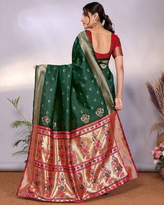 green silk blend banarasi saree with blouse  4