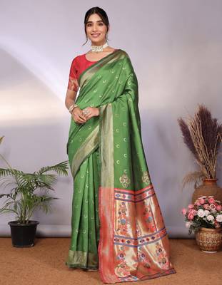 light green silk blend banarasi saree with blouse  4
