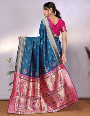 turquoise silk blend banarasi saree with blouse  3