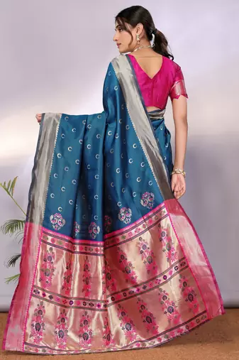 turquoise silk blend banarasi saree with blouse 